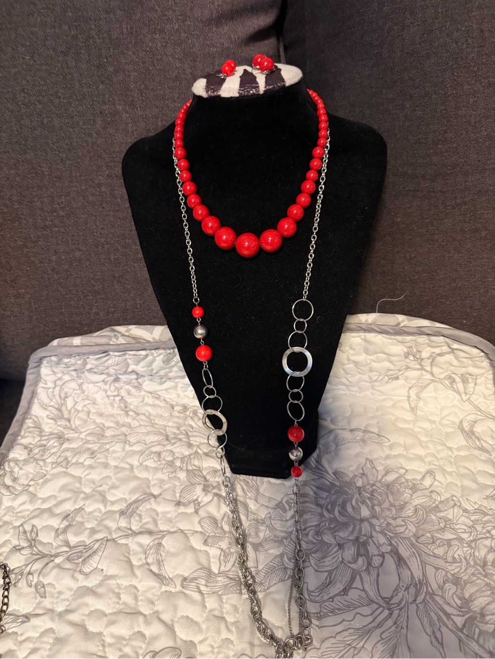 Red Beaded Layered Necklace Set - Women Jewelry